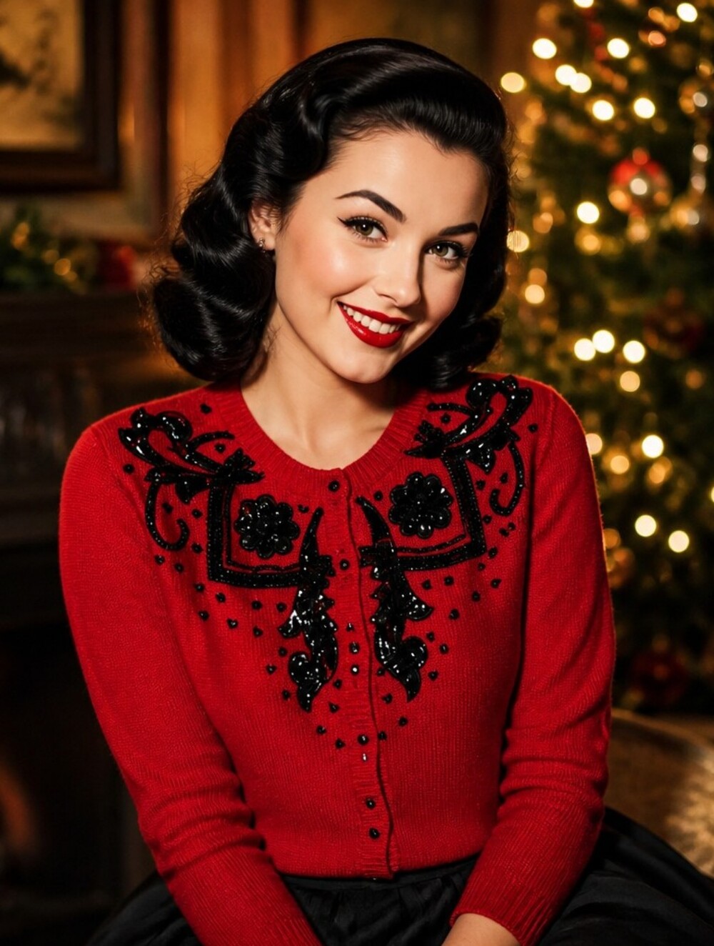 Embellished Red Women's Cardigan Sweater